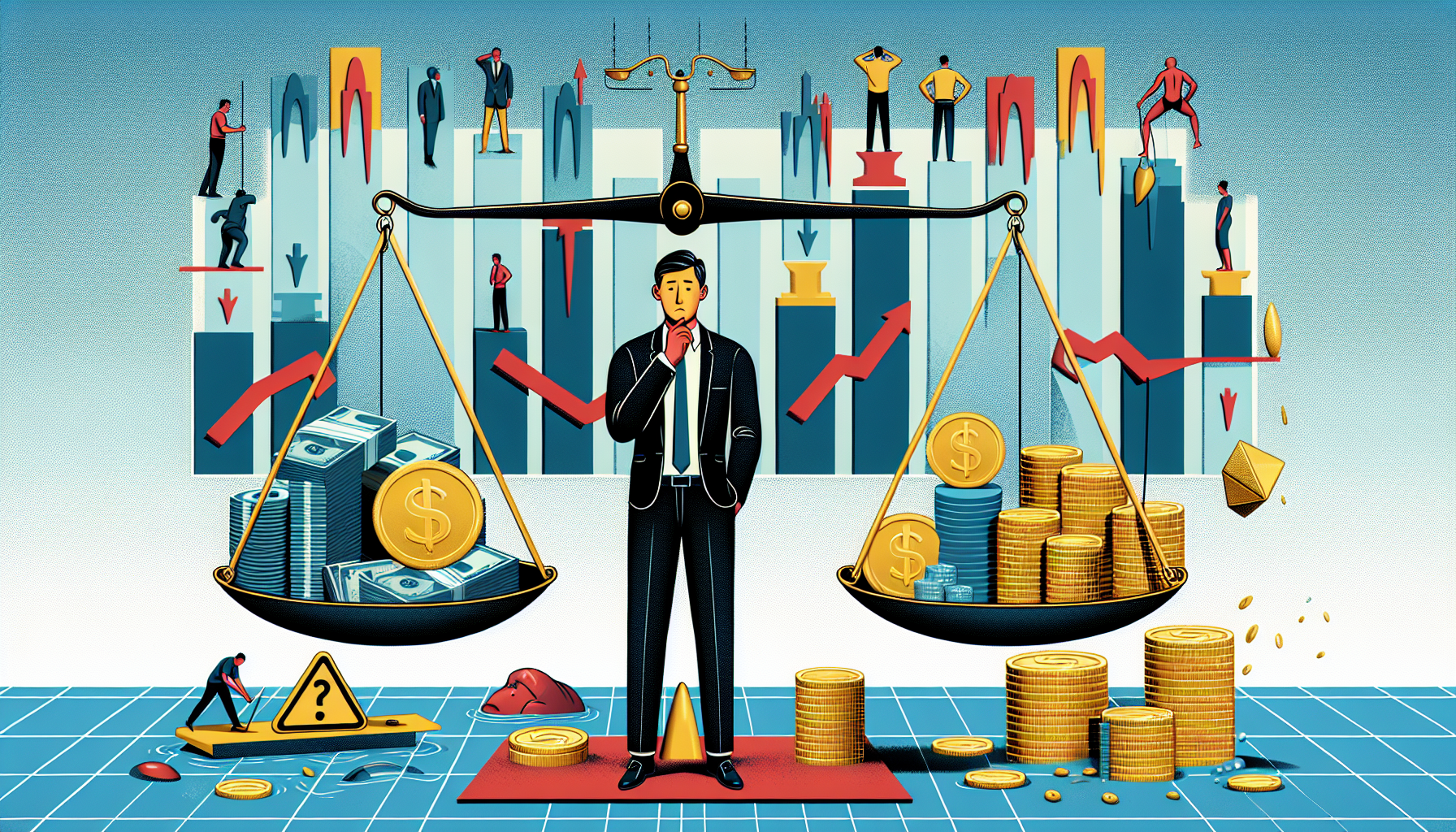 Create an image depicting a balanced scale. On one side of the scale, place a stack of dollar bills, coins, and gold bars representing financial rewards. On the other side, place symbols of risk, such as exaggerated diving boards above empty pools, falling stock graphs, and warning signs. In the background, show a thoughtful but slightly anxious investor weighing their options, surrounded by a blend of bullish and bearish market charts. The image should have a modern, clean aesthetic that conveys the careful consideration required for margin investing.