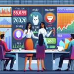 Create an image of a financial advisor explaining investment strategies to a diverse group of clients, with charts and graphs in the background illustrating the concept of fidelity margin. The setting is a modern office with a large screen displaying financial metrics, and the advisor is pointing to key figures that demonstrate how fidelity margin impacts investment decisions. Include elements like stock price trends, risk assessment symbols, and calculator on the table to represent detailed financial analysis.