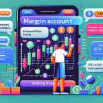 Create an illustration that visually explains how a Robinhood margin account works. The scene should include a user interface of the Robinhood app on a smartphone showing Margin Investing, with visual cues such as dollars being borrowed, stock purchases, and interest rates. Include a user reading terms and conditions with a focus on risk warnings. Make the background friendly and modern to reflect the tech-savvy nature of Robinhood users.