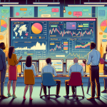 An image of a diverse group of people gathered around a large computer screen displaying a detailed yet simplified forex trading interface. The screen highlights key elements such as 'Margin', 'Leverage', and 'Equity'. Around the room, there's a whiteboard with diagrams and notes explaining OANDA margin concepts. The atmosphere is educational and collaborative, with individuals asking questions and engaging in discussions. The background shows a modern, well-lit learning environment with charts and graphs related to trading adorning the walls.