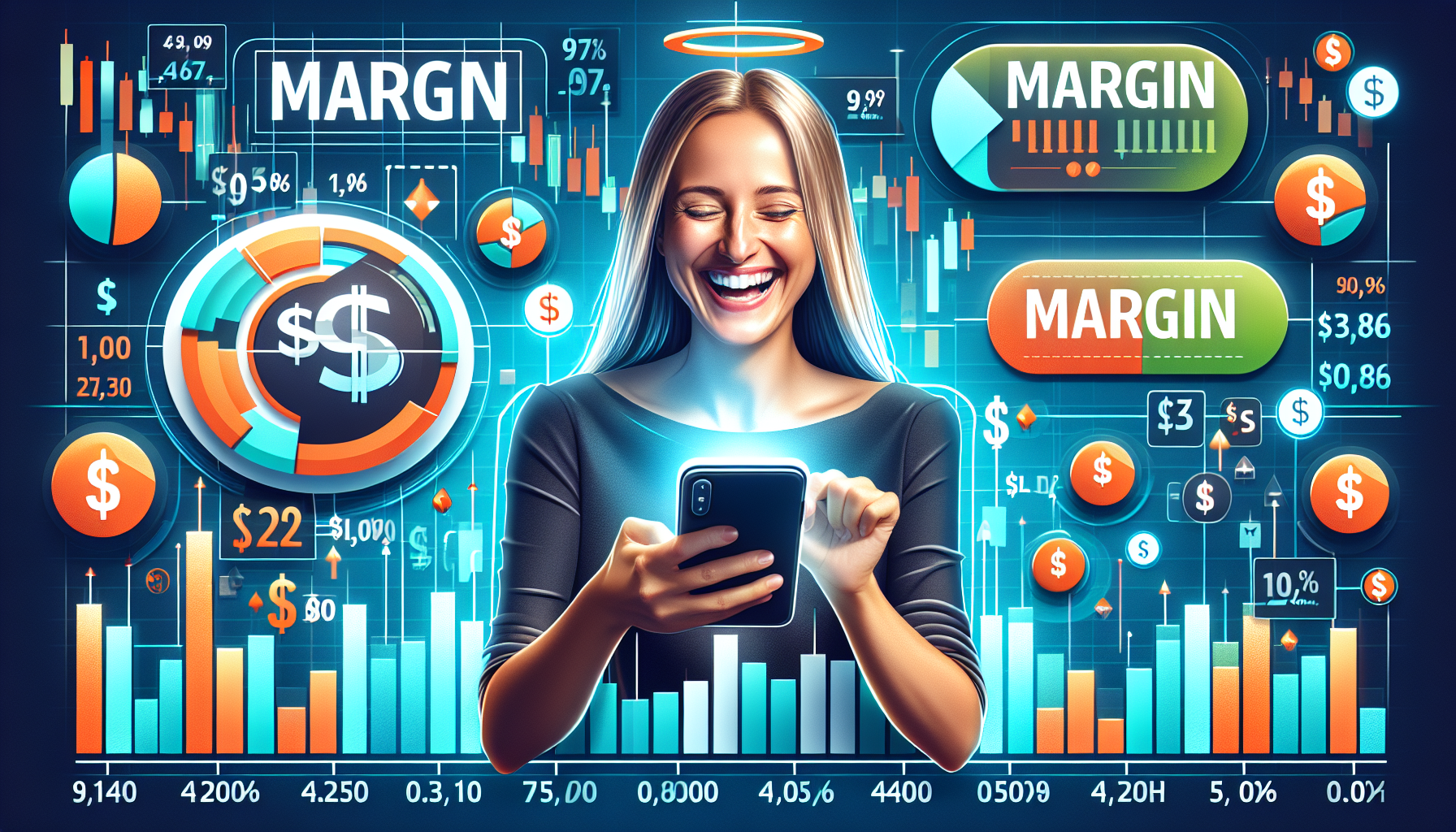 Create an illustration showcasing the concept of Webull margin trading. Include elements like an excited trader using the Webull app on their smartphone, financial charts, and graphs displaying margin requirements and equity balances. Incorporate visual cues demonstrating borrowing money for trading, such as magnified dollar signs and a progress bar indicating margin levels. Use a modern, sleek design with a financial theme.