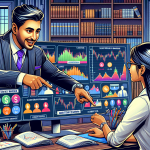 Create an image depicting a financial advisor in a professional office setting explaining the concept of margin accounts to a client. The advisor is pointing to a detailed infographic that includes charts, graphs, and key terms like 'leverage,' 'maintenance margin,' and 'interest rates.' Both the advisor and the client look engaged and focused. In the background, there are shelves with financial books and a computer screen displaying the Merrill Edge logo.