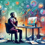 Create an image of a thoughtful investor sitting at a desk cluttered with financial documents, a computer displaying stock charts, and a cup of coffee. Surrounding the investor are floating icons and graphics representing various brokerage services like margin trading, interest rates, customer support, and user reviews. The background includes a blend of modern cityscape and financial district elements to highlight the importance and complexity of choosing the best broker for margin trading.