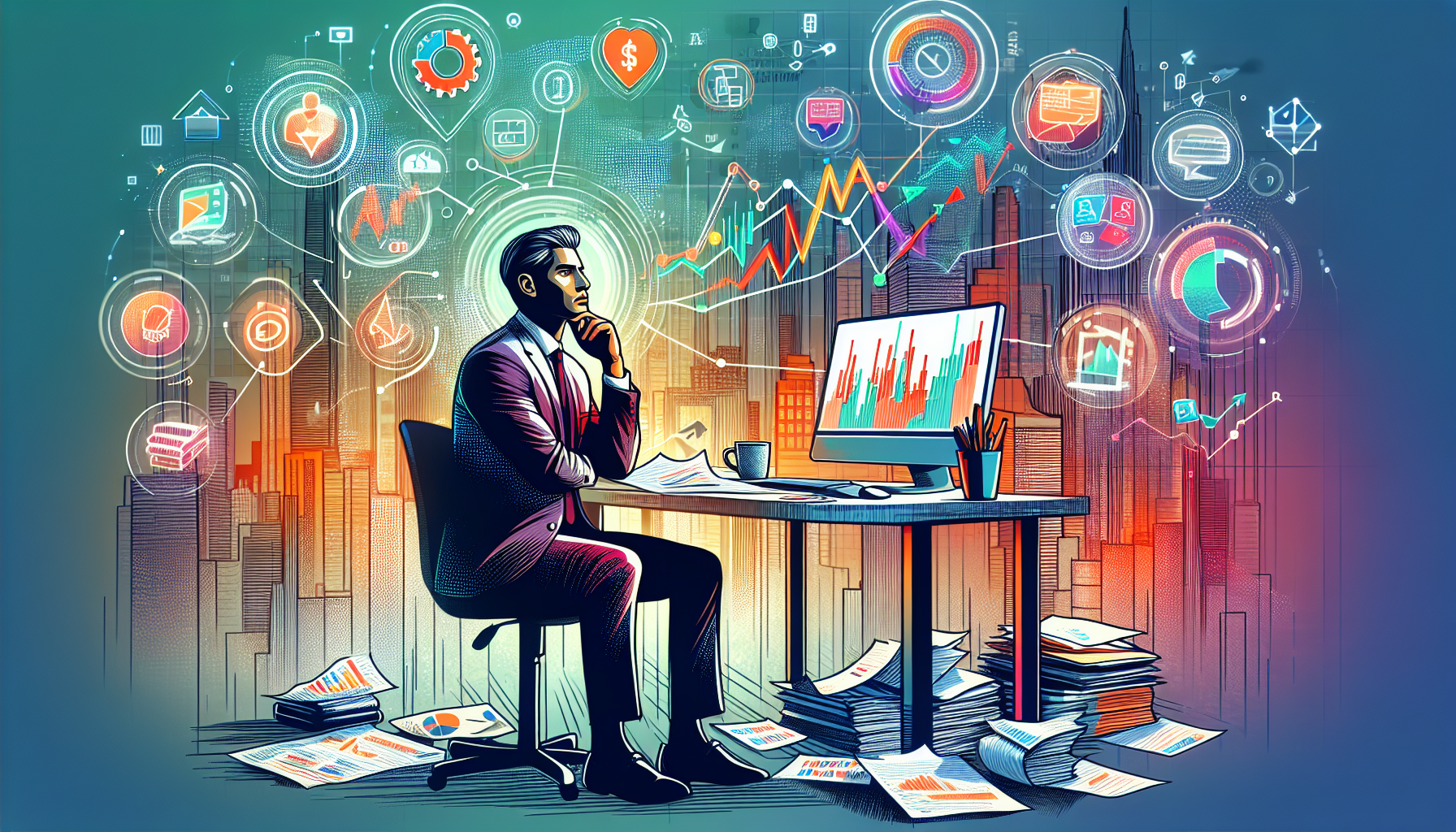 Create an image of a thoughtful investor sitting at a desk cluttered with financial documents, a computer displaying stock charts, and a cup of coffee. Surrounding the investor are floating icons and graphics representing various brokerage services like margin trading, interest rates, customer support, and user reviews. The background includes a blend of modern cityscape and financial district elements to highlight the importance and complexity of choosing the best broker for margin trading.