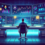 Create an image of a person sitting at a high-tech desk with multiple computer screens displaying cryptocurrency charts, graphs, and trading platforms. The room is filled with futuristic technology and has a modern, sleek ambiance. The person looks focused and confident, symbolizing mastery in leveraging crypto trading for maximizing gains. Icons of popular cryptocurrencies like Bitcoin, Ethereum, and Ripple float around the screens, adding to the dynamic energy of the scene.