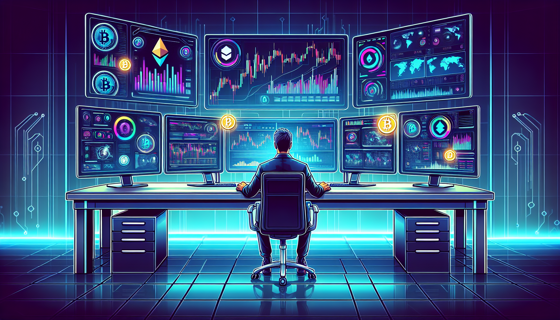 Create an image of a person sitting at a high-tech desk with multiple computer screens displaying cryptocurrency charts, graphs, and trading platforms. The room is filled with futuristic technology and has a modern, sleek ambiance. The person looks focused and confident, symbolizing mastery in leveraging crypto trading for maximizing gains. Icons of popular cryptocurrencies like Bitcoin, Ethereum, and Ripple float around the screens, adding to the dynamic energy of the scene.