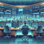 Create an image depicting a modern trading environment with a focus on high leverage stock brokers for 2023. Include a digital trading platform interface on multiple screens, showing charts, stocks, and leverage options. Highlight a professional trader at their desk in an upscale, tech-savvy office setting with a city skyline in the background. Use bright colors and a futuristic feel to reflect the cutting-edge nature of the top brokers this year.