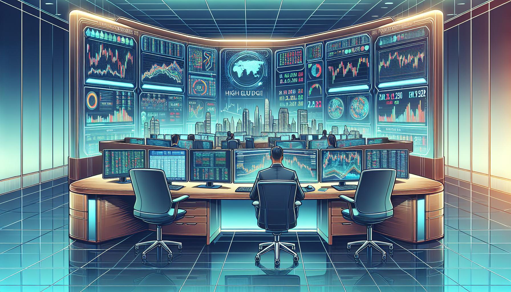 Create an image depicting a modern trading environment with a focus on high leverage stock brokers for 2023. Include a digital trading platform interface on multiple screens, showing charts, stocks, and leverage options. Highlight a professional trader at their desk in an upscale, tech-savvy office setting with a city skyline in the background. Use bright colors and a futuristic feel to reflect the cutting-edge nature of the top brokers this year.