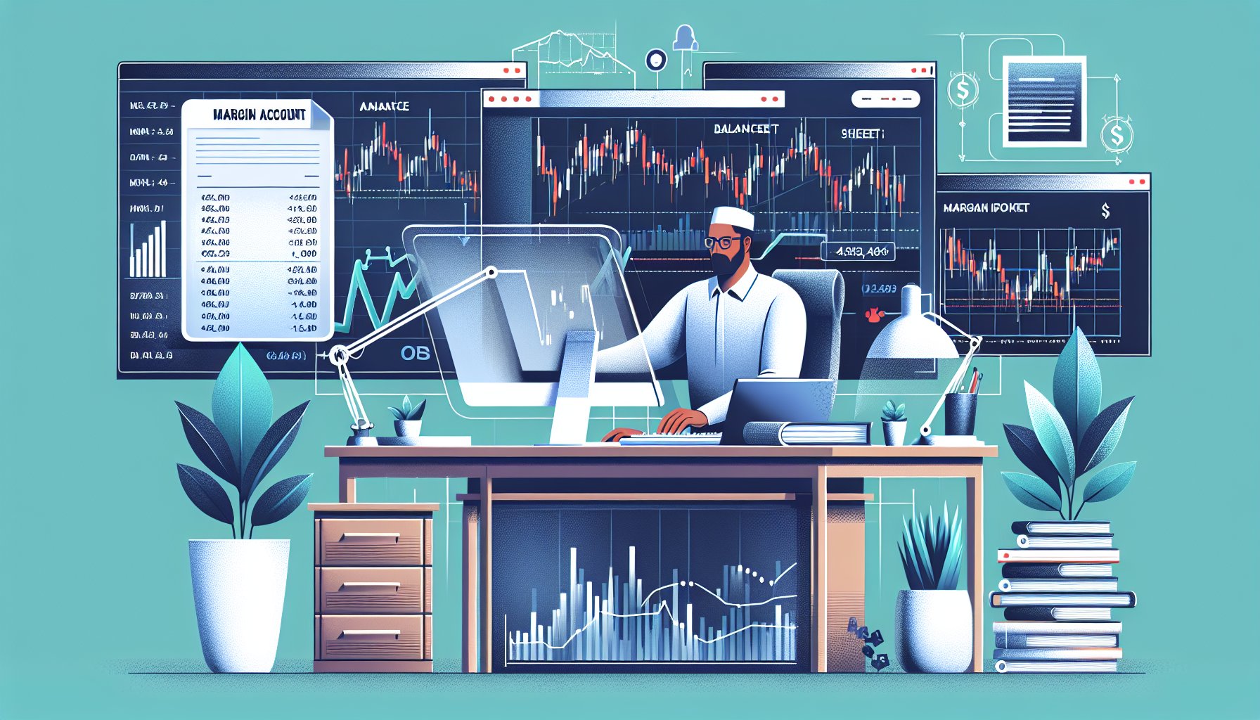 An informative illustration of a Charles Schwab Margin Account featuring a balance sheet, stock market graphs, and a person managing investments on a computer. The scene is set in a modern home office with charts and financial documents, representing the comprehensive guide to understanding margin accounts.