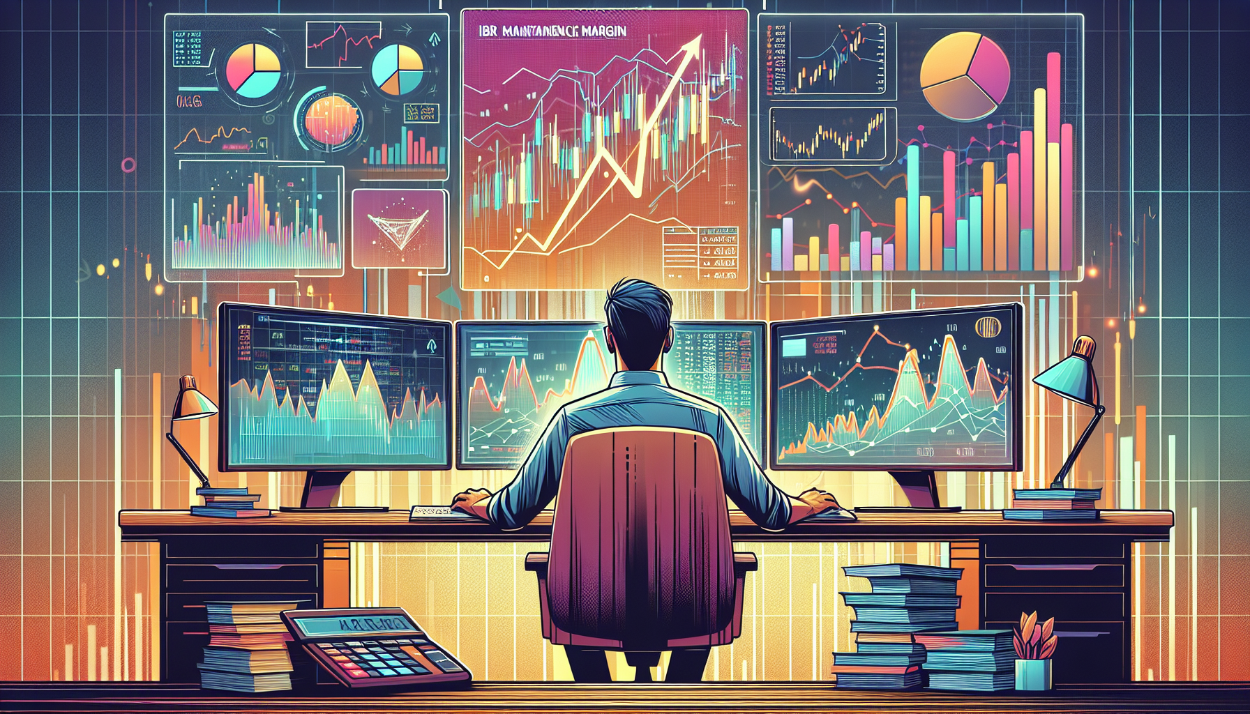 Create an image of a professional financial analyst at a desk, with multiple computer monitors displaying complex stock charts and financial data. Emphasize one monitor showing 'IBKR Maintenance Margin' with various figures and graphs. The scene should convey the seriousness and diligence in managing investment portfolios, highlighting elements like a calculator, financial documents, and a calm, focused atmosphere.