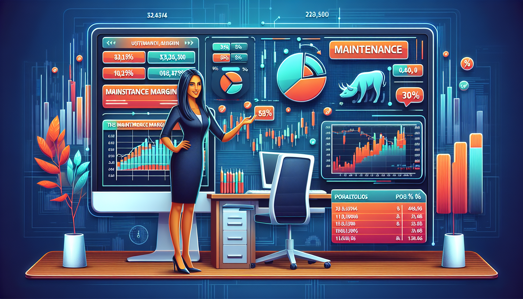 Create an image illustrating a user-friendly guide to understanding Interactive Brokers' maintenance margin requirements. Include elements like a computer screen displaying a stock trading platform, highlighted text explaining maintenance margin, a pie chart showing portfolio percentages, and a friendly financial advisor providing tips. The background should be a modern office setting to convey professionalism and clarity.