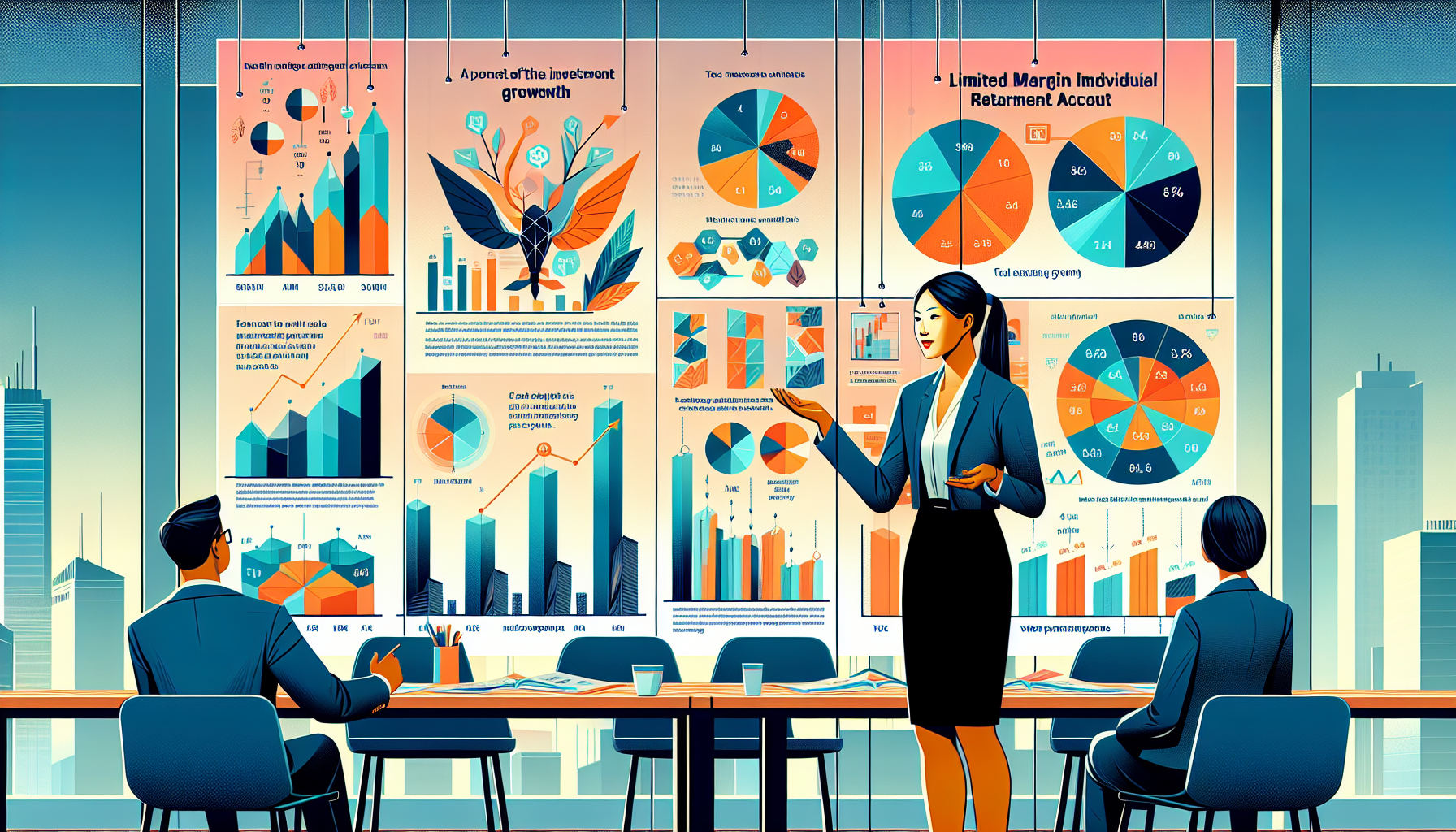 Create an illustration of a Limited Margin IRA account at Schwab. The image should depict a financial advisor explaining IRA concepts to clients in a modern office setting, with charts and documents on the table showcasing investment growth, tax benefits, and retirement planning. Include visual elements that represent Schwab, such as its logo or color scheme, to clearly tie the scene to the company.