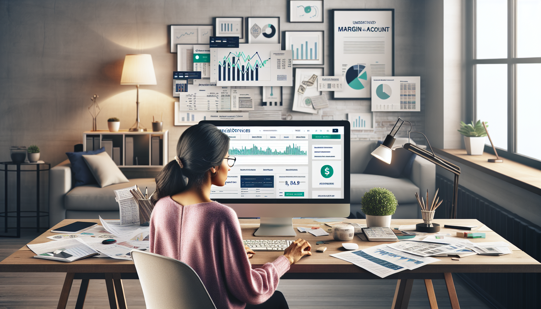 Create an image depicting a person using a computer, browsing through the Fidelity website with charts and graphs displayed on the screen. The setting should be a modern home office with financial documents and a coffee cup on the desk. The atmosphere should be professional yet accessible, illustrating the concept of understanding margin accounts at Fidelity. Include subtle branding elements like the Fidelity logo on the website.