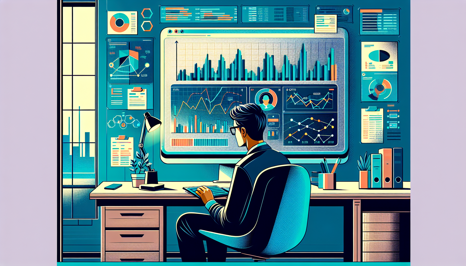 Create an illustrative image showing a digital financial portfolio on a computer screen, highlighting complex charts, numbers, and margins. In the background, a person is seen analyzing and taking notes. The setting should be a modern home office with subtle branding of IBKR (Interactive Brokers) visible on the screen or documents. The overall tone should convey in-depth analysis, attentiveness, and sophistication.