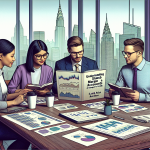 Create an image of a diverse group of individuals attentively reading a detailed financial guidebook on Schwab Margin Accounts. They are seated around a table with charts, laptops, and coffee cups. The setting is a modern office with large windows overlooking a cityscape. The cover of the guidebook prominently displays the title 'Understanding Schwab Margin Accounts: A Comprehensive Guide.'