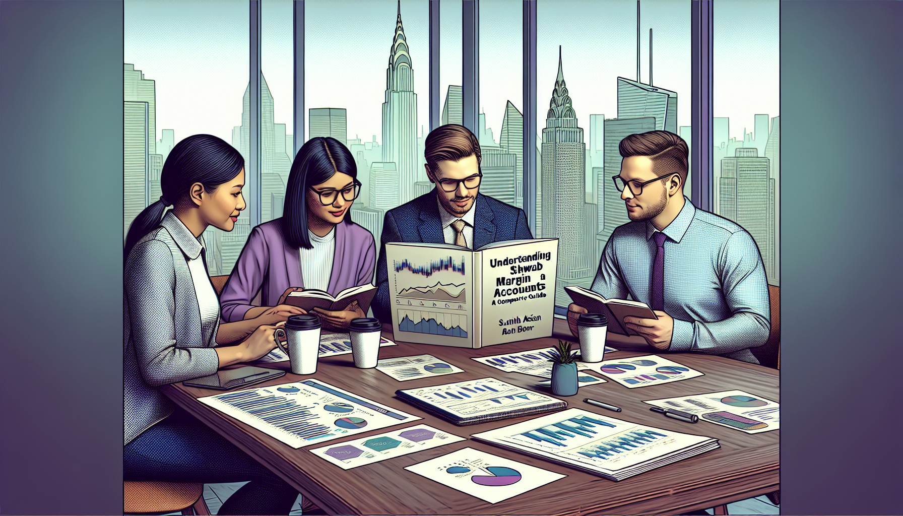 Create an image of a diverse group of individuals attentively reading a detailed financial guidebook on Schwab Margin Accounts. They are seated around a table with charts, laptops, and coffee cups. The setting is a modern office with large windows overlooking a cityscape. The cover of the guidebook prominently displays the title 'Understanding Schwab Margin Accounts: A Comprehensive Guide.'