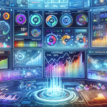 Create an illustration showing a financial dashboard with highlighted areas explaining TradeStation margin buying power. The scene should include stock charts, graphs, and a calculator, with various financial metrics and terms labeled clearly. The background should depict a high-tech office environment with abstract digital elements, indicating a modern trading platform. Key terms like 'margin buying power,' 'leverage,' and 'equity' should be prominently displayed.