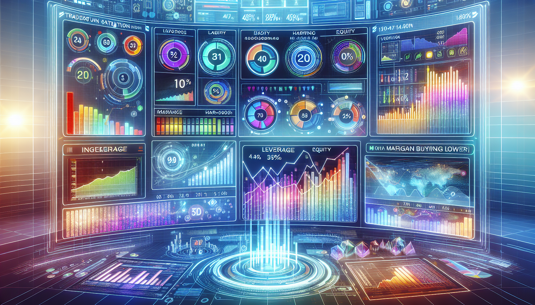 Create an illustration showing a financial dashboard with highlighted areas explaining TradeStation margin buying power. The scene should include stock charts, graphs, and a calculator, with various financial metrics and terms labeled clearly. The background should depict a high-tech office environment with abstract digital elements, indicating a modern trading platform. Key terms like 'margin buying power,' 'leverage,' and 'equity' should be prominently displayed.