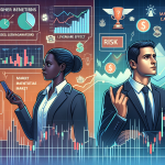 A detailed and dynamic illustration of a modern margin trading platform interface, showcasing diverse financial graphs, charts, and tools. On one side, depict a confident trader with a bullish expression surrounded by icons of benefits such as increased potential returns, leverage, and market opportunity symbols. On the opposing side, illustrate a worried trader overshadowed by risk indicators like losing money, margin calls, and volatile market symbols. The background should include contrasting elements of upward and downward market trends, capturing the high-risk, high-reward nature of margin trading.