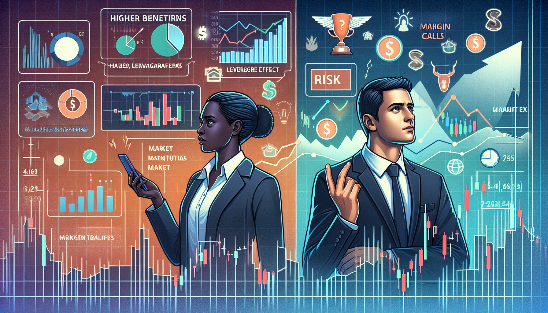 A detailed and dynamic illustration of a modern margin trading platform interface, showcasing diverse financial graphs, charts, and tools. On one side, depict a confident trader with a bullish expression surrounded by icons of benefits such as increased potential returns, leverage, and market opportunity symbols. On the opposing side, illustrate a worried trader overshadowed by risk indicators like losing money, margin calls, and volatile market symbols. The background should include contrasting elements of upward and downward market trends, capturing the high-risk, high-reward nature of margin trading.