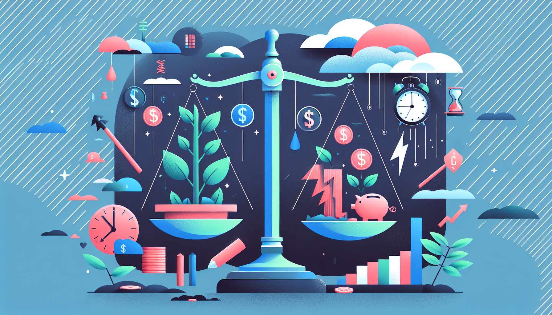 Create an illustration depicting the benefits and risks of a Wealthsimple Margin Account. The image should feature a balanced scale, with advantages like investment growth, flexibility, and tax-saving opportunities on one side, and risks such as potential debt, interest charges, and market volatility on the other. The backdrop can include financial symbols, graphs, and a calm, educational atmosphere to convey both the opportunities and cautions associated with margin trading.