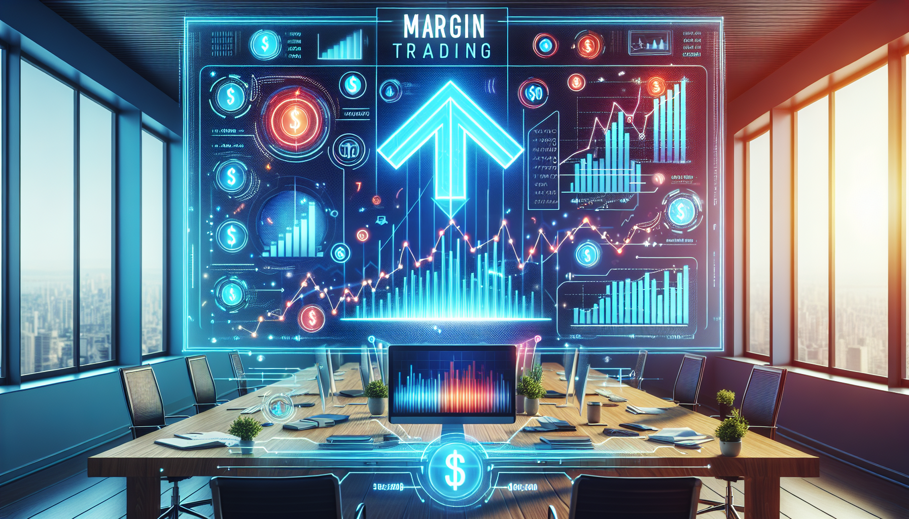 Create an image that illustrates the concept of a margin account on Webull. Show a computer screen displaying the Webull trading platform with clear indicators of margin trading such as margin balance, interest rates, and leverage ratios. Include diagrams or symbols representing financial growth, such as upward-trending graphs, and borrowing, like a dollar sign with arrows pointing outwards. Make the background a modern office setting, to emphasize the professional aspect of using margin accounts.