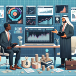 Create an illustration of a financial advisor guiding a young investor through the features of a Moomoo margin account. Make the setting a modern, sleek office environment with financial charts and graphs on digital screens in the background. Include elements like a laptop showing the Moomoo app interface, stacks of currency, and documents labeled 'Margin Account,' while conveying a sense of clarity and professionalism.