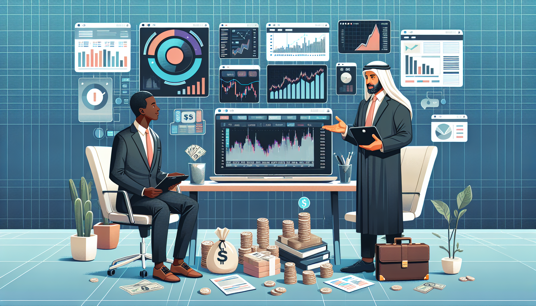 Create an illustration of a financial advisor guiding a young investor through the features of a Moomoo margin account. Make the setting a modern, sleek office environment with financial charts and graphs on digital screens in the background. Include elements like a laptop showing the Moomoo app interface, stacks of currency, and documents labeled 'Margin Account,' while conveying a sense of clarity and professionalism.