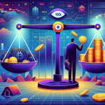 Create an illustration depicting the concept of 100x leverage in cryptocurrency trading. Showcase a dramatic scene with a balance scale—on one side, a trader holding a small pile of cryptocurrency, and on the other side, 100 stacks of coins teetering precariously. The background should feature fluctuating graphs and charts to indicate market volatility. Include text elements like Risks near the precarious side, Rewards near the smaller side, and a cautionary warning hovering above the scale.