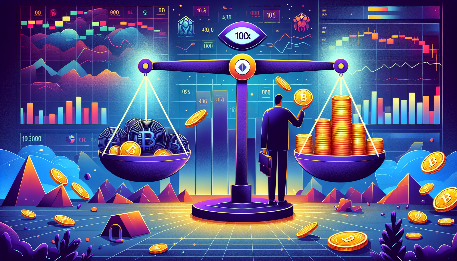 Create an illustration depicting the concept of 100x leverage in cryptocurrency trading. Showcase a dramatic scene with a balance scale—on one side, a trader holding a small pile of cryptocurrency, and on the other side, 100 stacks of coins teetering precariously. The background should feature fluctuating graphs and charts to indicate market volatility. Include text elements like Risks near the precarious side, Rewards near the smaller side, and a cautionary warning hovering above the scale.