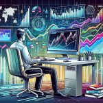 Create an illustration showing a person sitting at a modern desk with a computer, analyzing stock charts on the screen. The background features financial graphs, stock market tickers, and the logo of SoFi prominently displayed. Around the desk are educational materials like books labeled 'Beginner's Guide,' 'Investing,' and 'Margin Trading.' The scene should be bright, welcoming, and informative, conveying the concept of learning and starting out in margin investing with SoFi.