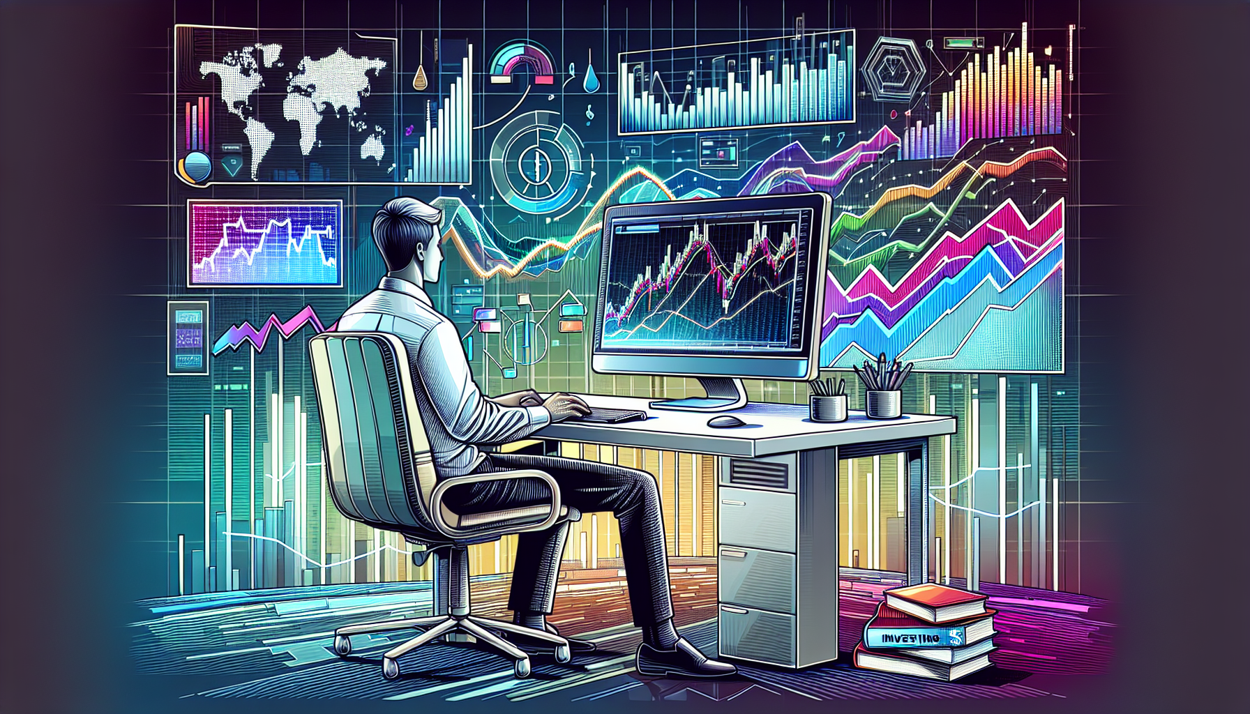 Create an illustration showing a person sitting at a modern desk with a computer, analyzing stock charts on the screen. The background features financial graphs, stock market tickers, and the logo of SoFi prominently displayed. Around the desk are educational materials like books labeled 'Beginner's Guide,' 'Investing,' and 'Margin Trading.' The scene should be bright, welcoming, and informative, conveying the concept of learning and starting out in margin investing with SoFi.