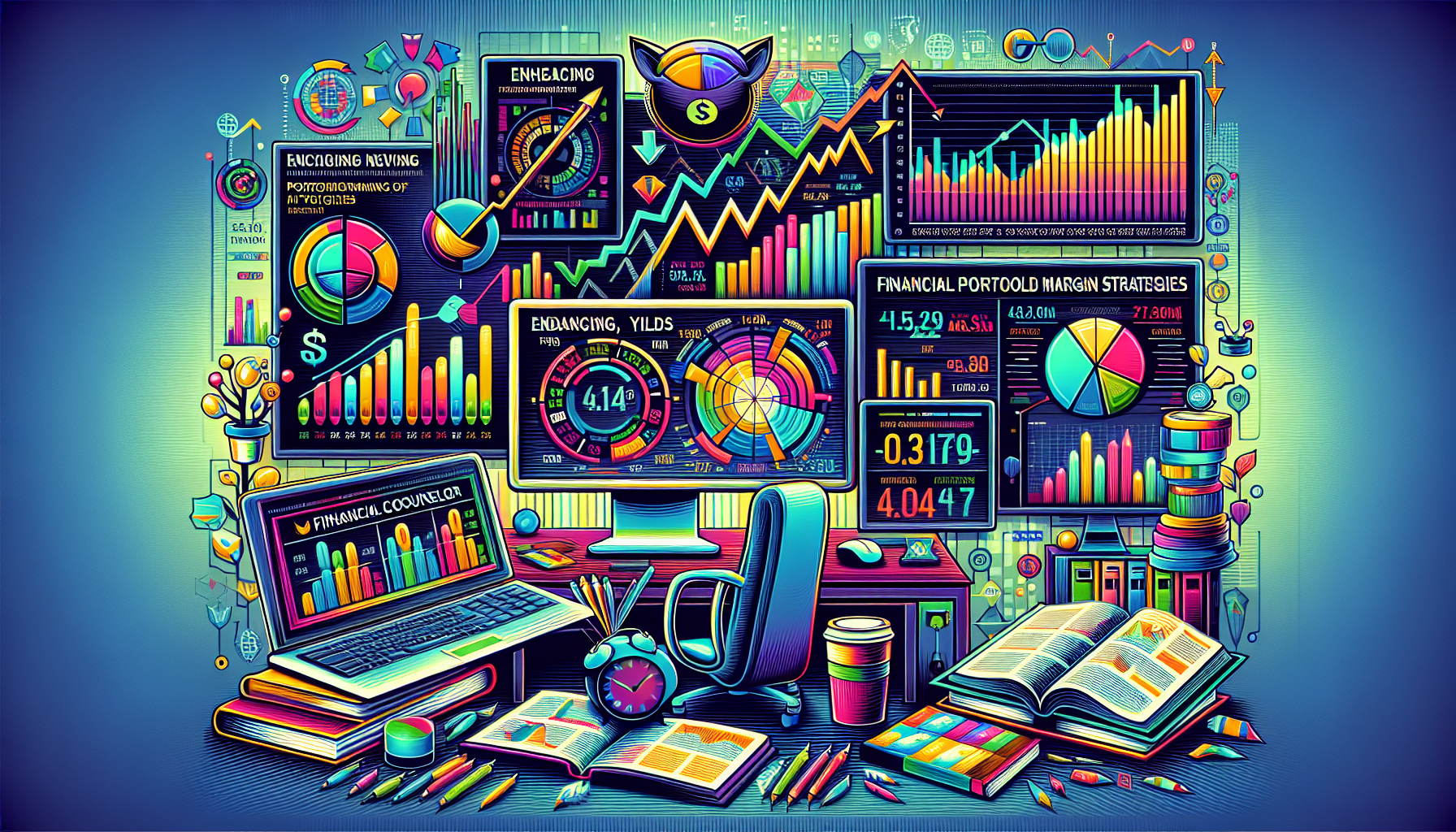 Create a detailed and visually engaging image that illustrates the concept of maximizing financial returns through Fidelity Portfolio Margin. The scene should feature a modern financial advisor's office with charts, graphs, and computer screens displaying rising stock prices and portfolio performance metrics. In the background, include subtle elements such as Fidelity logos, financial news headlines, and books on investment strategies to evoke a sense of in-depth financial analysis and expertise.