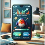 Create an image depicting a user-friendly, digital interface on a smartphone screen with Robinhood's logo, showcasing the concept of a margin account. Include visual elements such as a bar chart with growing investments, a Buy button for stocks, and a tooltip explaining 'margin accounts'. The background should be a cozy home office setting, emphasizing accessibility and modern trading.