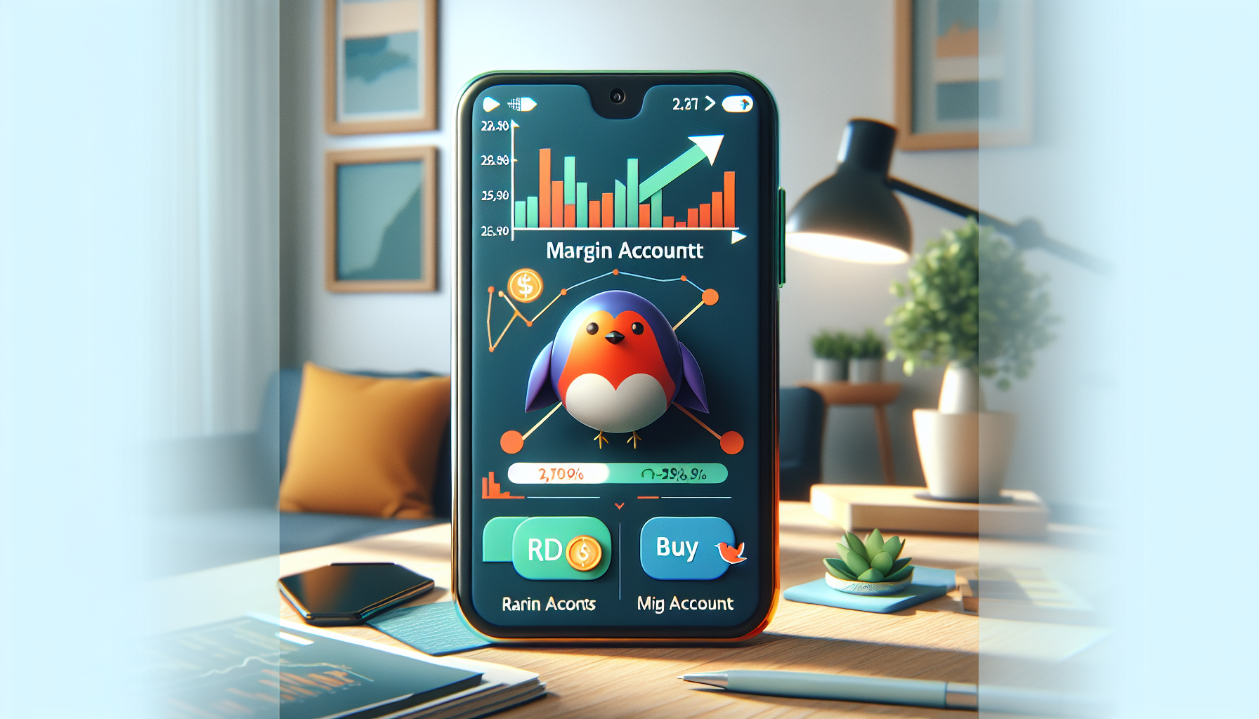 Create an image depicting a user-friendly, digital interface on a smartphone screen with Robinhood's logo, showcasing the concept of a margin account. Include visual elements such as a bar chart with growing investments, a Buy button for stocks, and a tooltip explaining 'margin accounts'. The background should be a cozy home office setting, emphasizing accessibility and modern trading.