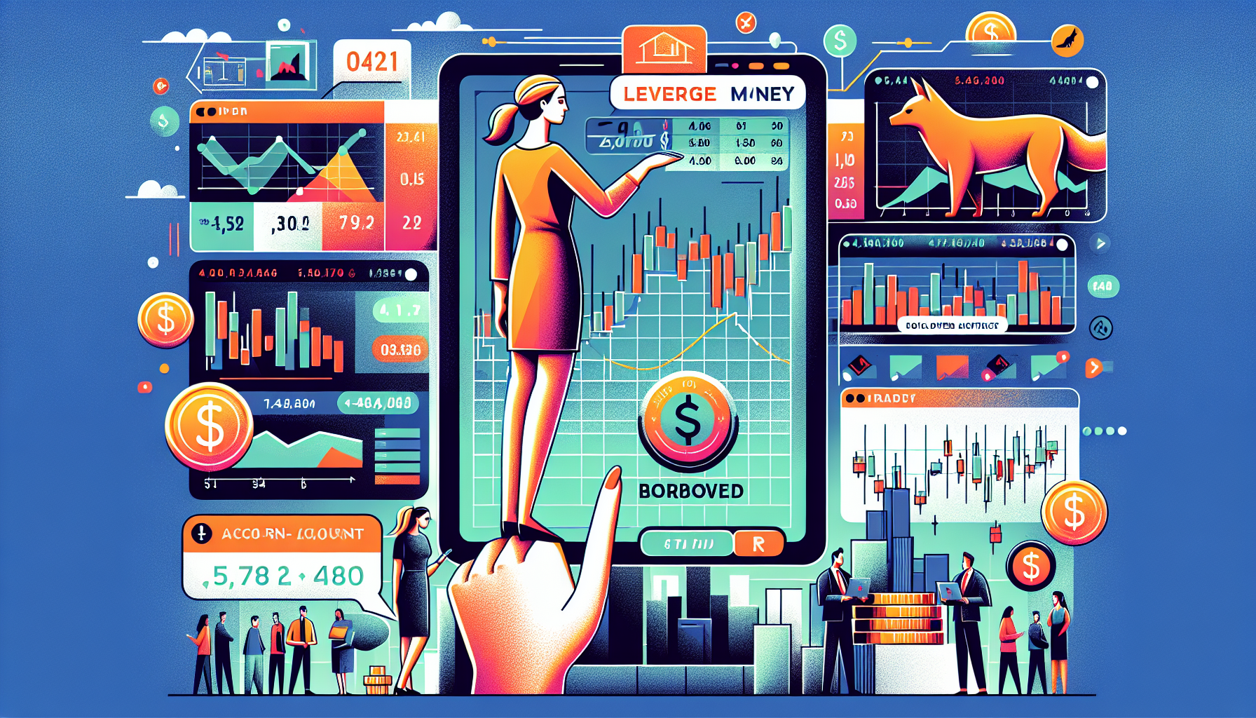 Create an image that visually explains margin trading on the Robinhood platform. The illustration should feature a user interface with charts, a margin account balance, and a person trading stocks. Highlight the concepts of borrowing money to trade, leverage, and the potential risks involved. Use clear, financial-themed graphics and a modern, user-friendly design aesthetic.