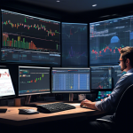 Create a realistic, detailed illustration depicting a trader using a computer with the Interactive Brokers interface open, displaying margin trading options. The trader is focused, sitting in a modern, well-lit workspace with financial charts and graphs on multiple screens. Include elements like a notepad with calculations, a cup of coffee, and ambient lighting to show a professional yet dynamic environment.