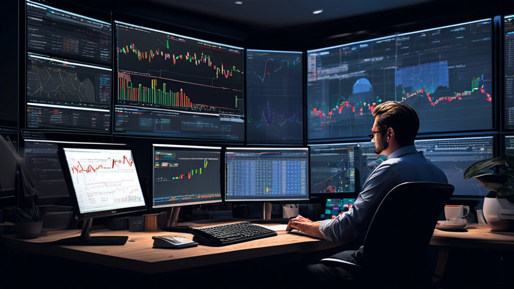 Create a realistic, detailed illustration depicting a trader using a computer with the Interactive Brokers interface open, displaying margin trading options. The trader is focused, sitting in a modern, well-lit workspace with financial charts and graphs on multiple screens. Include elements like a notepad with calculations, a cup of coffee, and ambient lighting to show a professional yet dynamic environment.