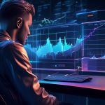 A futuristic, digital trading interface with graphs and charts, showing a user navigating through Coinbase's margin trading platform. The background features a holographic display with financial metrics and indicators, depicting an advanced, high-tech environment. The user is focused, with a hint of determination on their face, reflecting the complexities and opportunities of cryptocurrency trading.