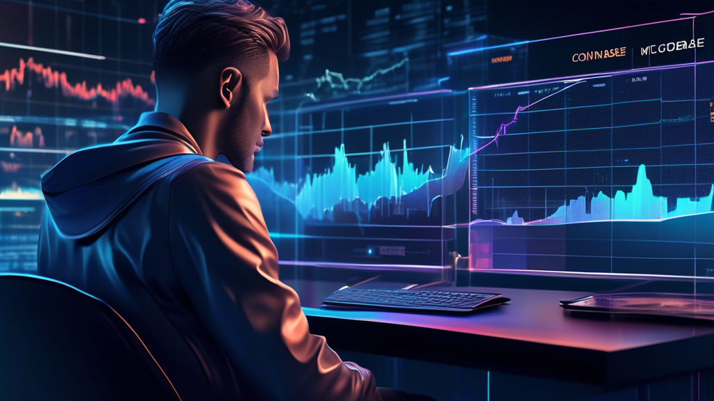 A futuristic, digital trading interface with graphs and charts, showing a user navigating through Coinbase's margin trading platform. The background features a holographic display with financial metrics and indicators, depicting an advanced, high-tech environment. The user is focused, with a hint of determination on their face, reflecting the complexities and opportunities of cryptocurrency trading.