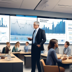 Create a detailed illustration of a financial advisor at Charles Schwab explaining portfolio margin strategies to a diverse group of attentive clients in a modern office setting. The scene should include charts, graphs, and computers displaying stock performance and portfolio summaries, all aimed at emphasizing maximizing returns through portfolio margin. Include elements like the Schwab logo subtly in the background, and a city skyline visible through large windows to underscore the professional atmosphere.