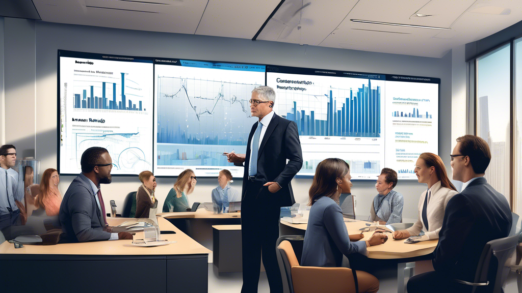 Create a detailed illustration of a financial advisor at Charles Schwab explaining portfolio margin strategies to a diverse group of attentive clients in a modern office setting. The scene should include charts, graphs, and computers displaying stock performance and portfolio summaries, all aimed at emphasizing maximizing returns through portfolio margin. Include elements like the Schwab logo subtly in the background, and a city skyline visible through large windows to underscore the professional atmosphere.