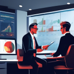 Create an image depicting a financial advisor showing a client how to maximize profit margins using IBKR (Interactive Brokers). The scene should be set in a modern office with charts, graphs, and trading screens displayed on large monitors, showcasing rising profit margins and successful trades. The atmosphere should be professional and dynamic, emphasizing high-tech trading tools and financial success.