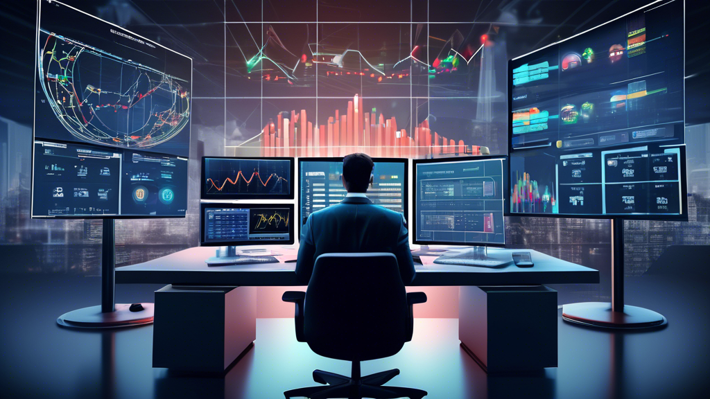 An informative and visually engaging illustration of CFD (Contract for Difference) trading. The image features a professional trader at a computer with detailed charts on multiple screens, highlighting margin calculations. Around the trader are floating icons representing key concepts such as leverage, margin call, risk management, and financial growth. The background is a modern office with a futuristic design, providing a sense of sophistication and advanced technology. This should be a clean and educational visual, ideal for explaining complex financial concepts.