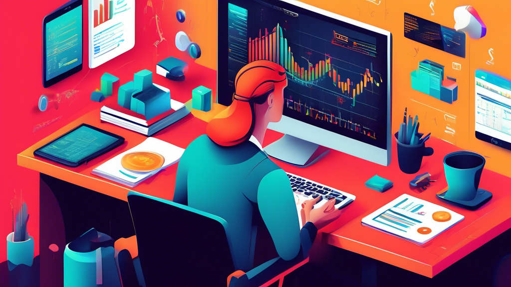 Create a detailed digital illustration that represents a beginner's guide to Forex margin trading. Include elements like currency pairs, graphs, a young trader studying charts on a computer screen, and educational icons such as books and question marks. Use a clean, modern style with a focus on clarity and ease of understanding.