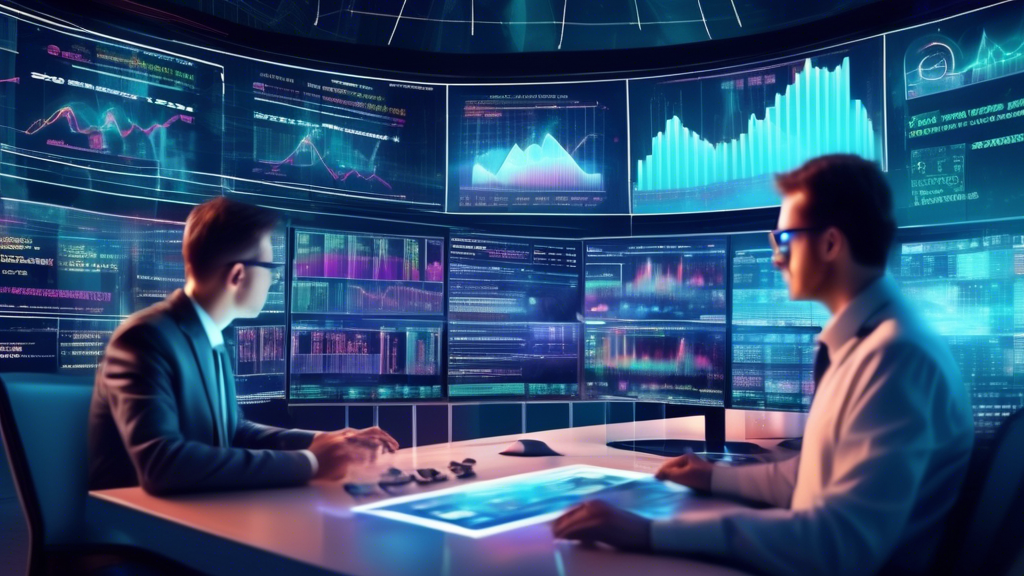 Create a detailed illustration portraying a stock market scene in the background, featuring traders actively monitoring screens. In the foreground, a futuristic, holographic interface displays charts, numbers, and graphs. Highlight key terms such as 'IB Futures Margin' and 'Comprehensive Guide' within the holographic elements. The overall atmosphere should convey a sense of innovation and financial strategy.