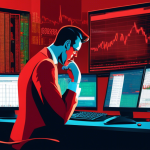 Create an image illustrating the concept of an IBKR (Interactive Brokers) margin call. Show a worried trader at a desk, analyzing charts and financial data with a red notification on the computer screen indicating a margin call. The background should feature stock market graphics and fluctuating numbers, conveying the urgency and complexity of managing margin requirements.