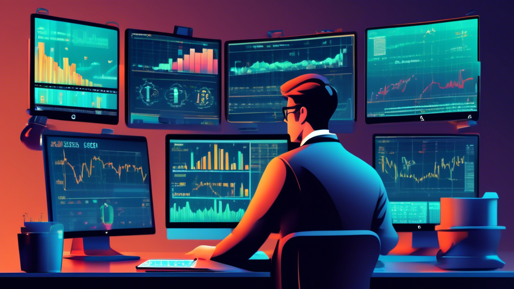 Create an illustration depicting the concept of margin fidelity in financial trading. The scene shows a sophisticated trader working on a computer with multiple monitors displaying charts, stock prices, and margin call alerts. In the background, a virtual balance scale symbolizes the balance between collateral and loaned funds, with currency symbols like dollar signs and euro signs hovering around it. The image should convey the seriousness and precision required in maintaining margin fidelity in the fast-paced world of financial trading.