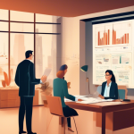 Create an illustration depicting a financial advisor explaining 'Reg T Margin' to an attentive client in a modern office setting. The background features charts, graphs, and bookshelves filled with financial books. The advisor is using a large screen displaying a detailed Reg T Margin guide, featuring terms, graphs, and key points. The atmosphere is professional and educational, with warm lighting and an emphasis on clarity and understanding.