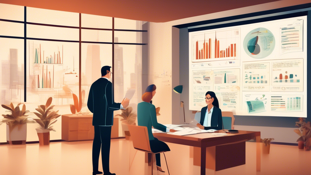 Create an illustration depicting a financial advisor explaining 'Reg T Margin' to an attentive client in a modern office setting. The background features charts, graphs, and bookshelves filled with financial books. The advisor is using a large screen displaying a detailed Reg T Margin guide, featuring terms, graphs, and key points. The atmosphere is professional and educational, with warm lighting and an emphasis on clarity and understanding.